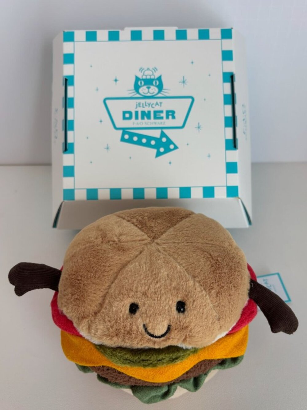 NWT Jellycat FAO Schwarz Diner Burger Plush Exclusive w/ Tote Pin Stickers
